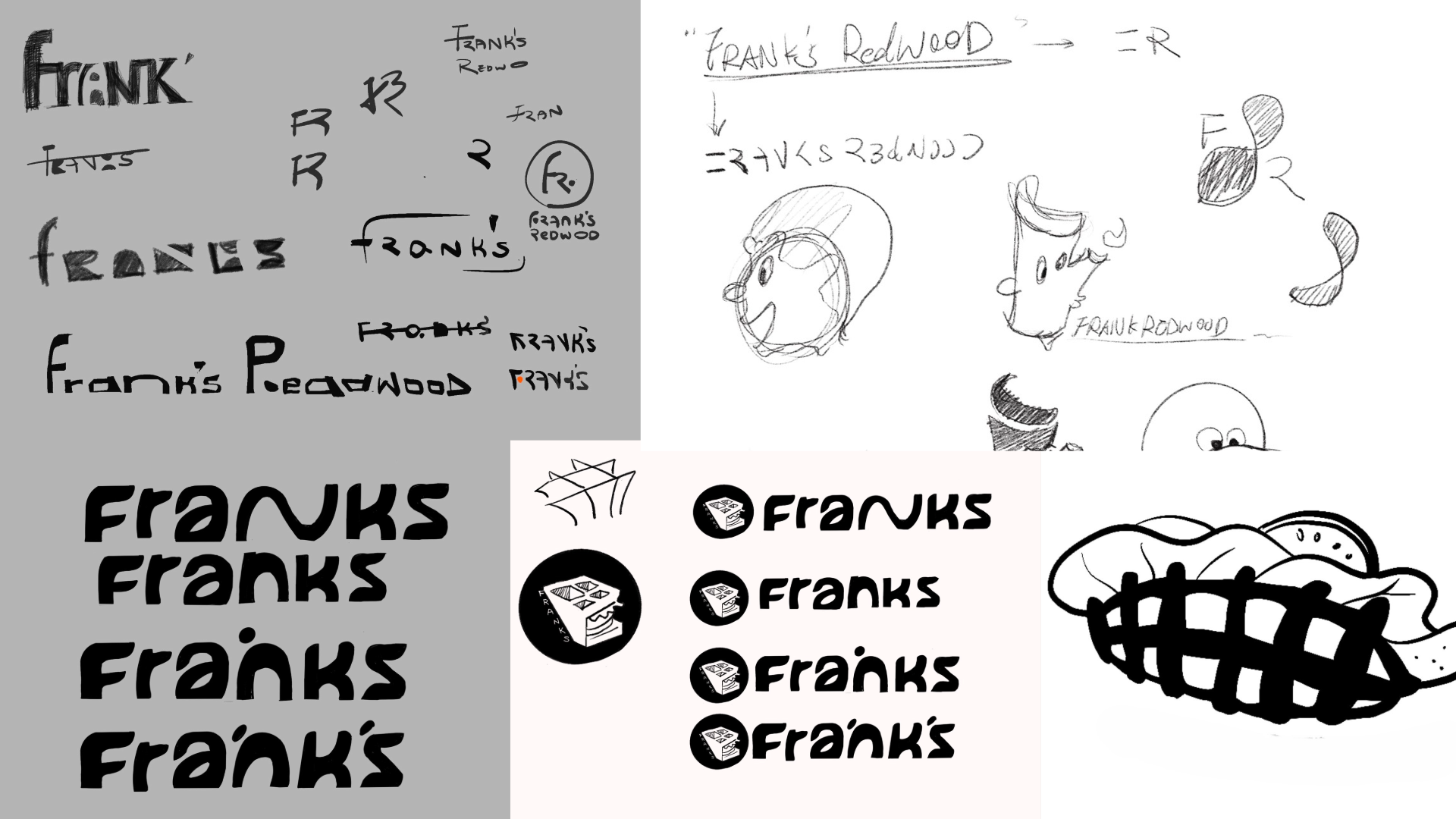 Logo ideation — hand sketches exploring letterforms and mark concepts