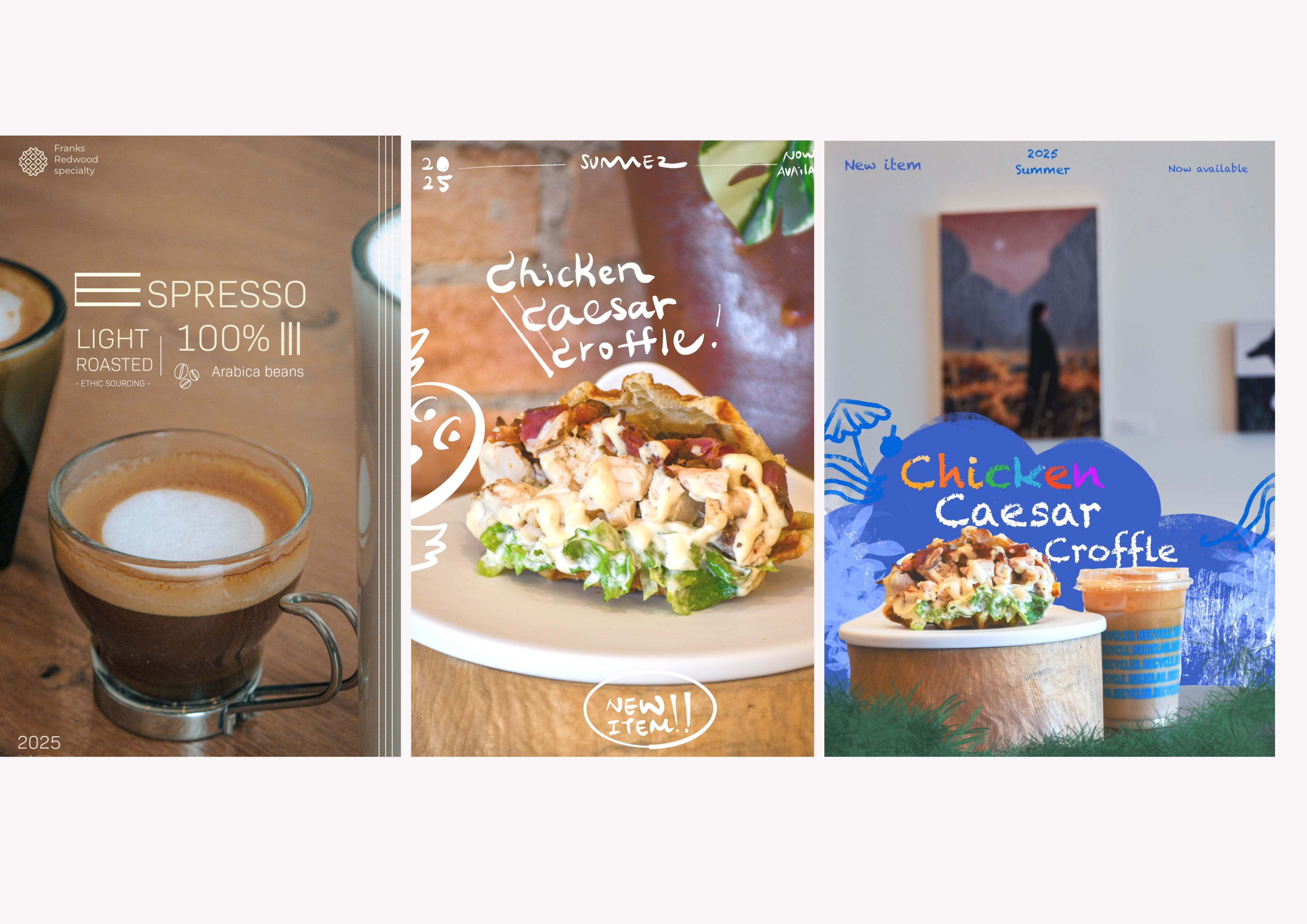 Social media post designs — espresso, chicken caesar croffle, summer specials