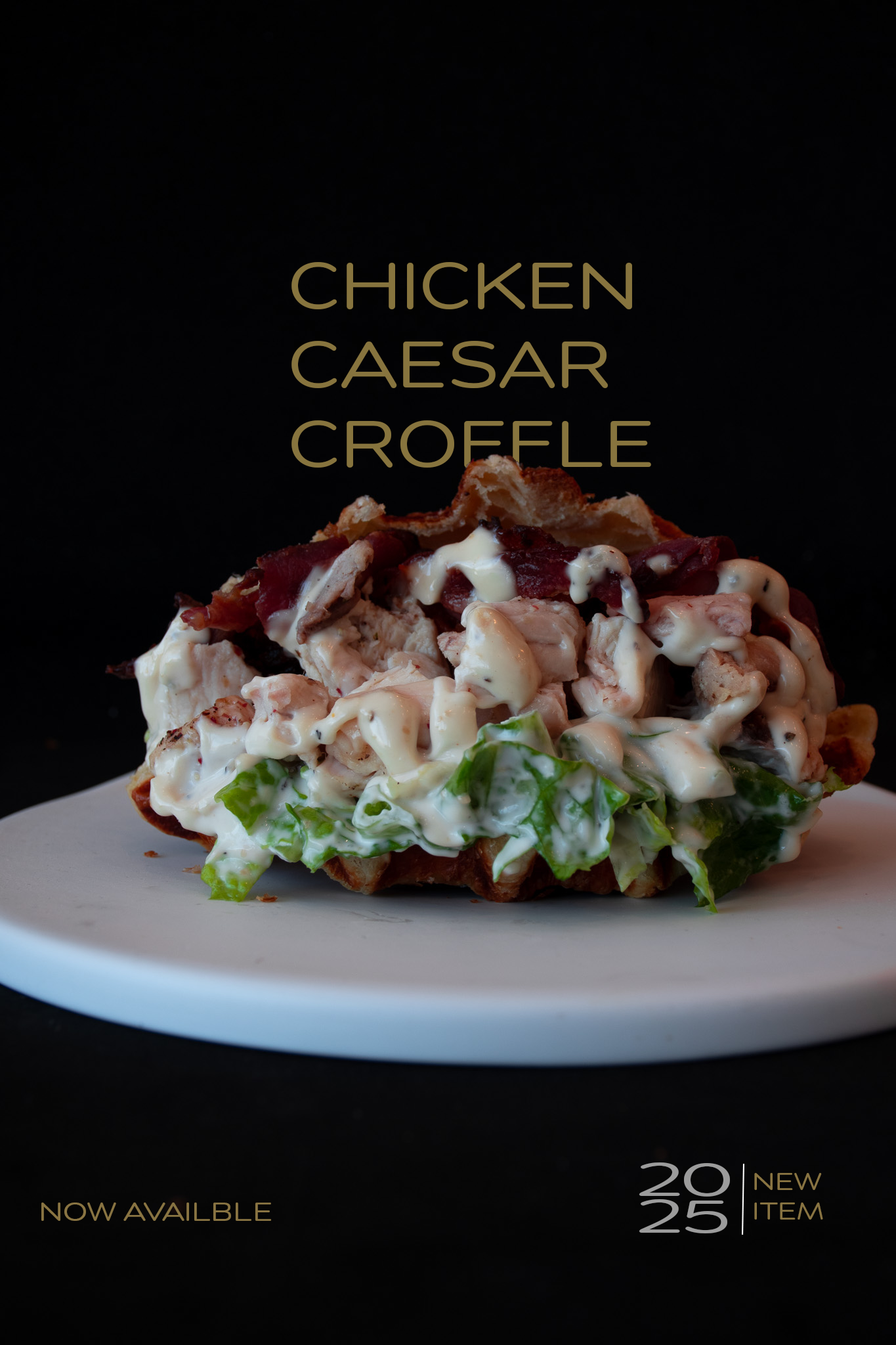 Chicken Caesar Croffle — dark background food photography
