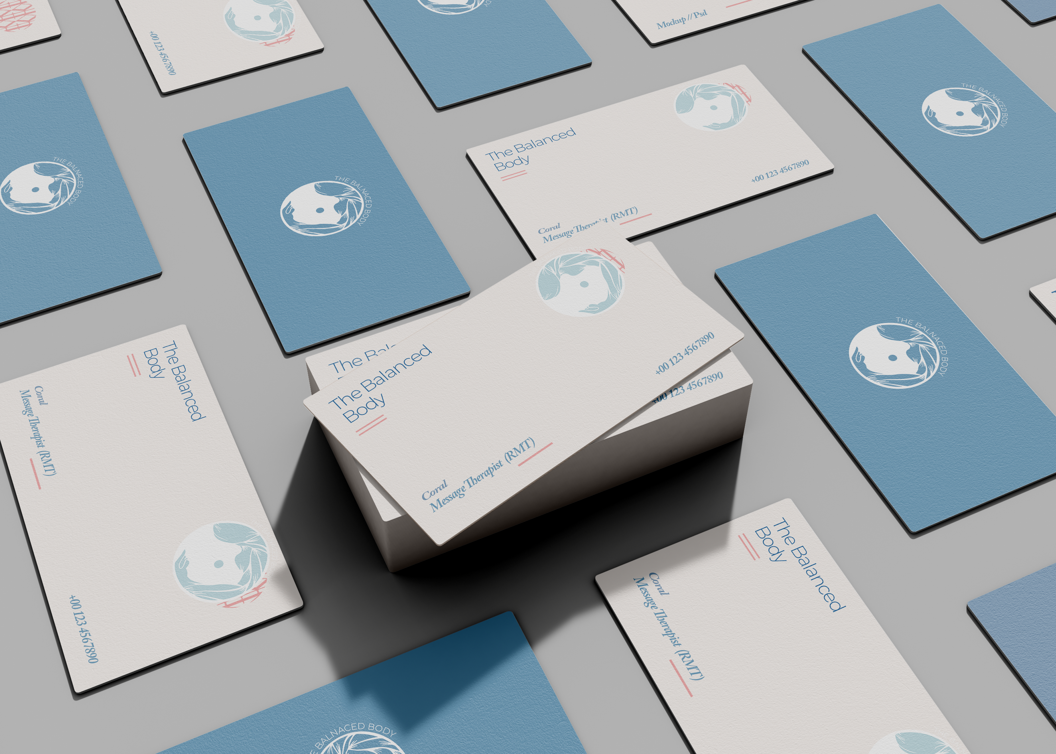 Business card mockup — front and back layouts in blue and white