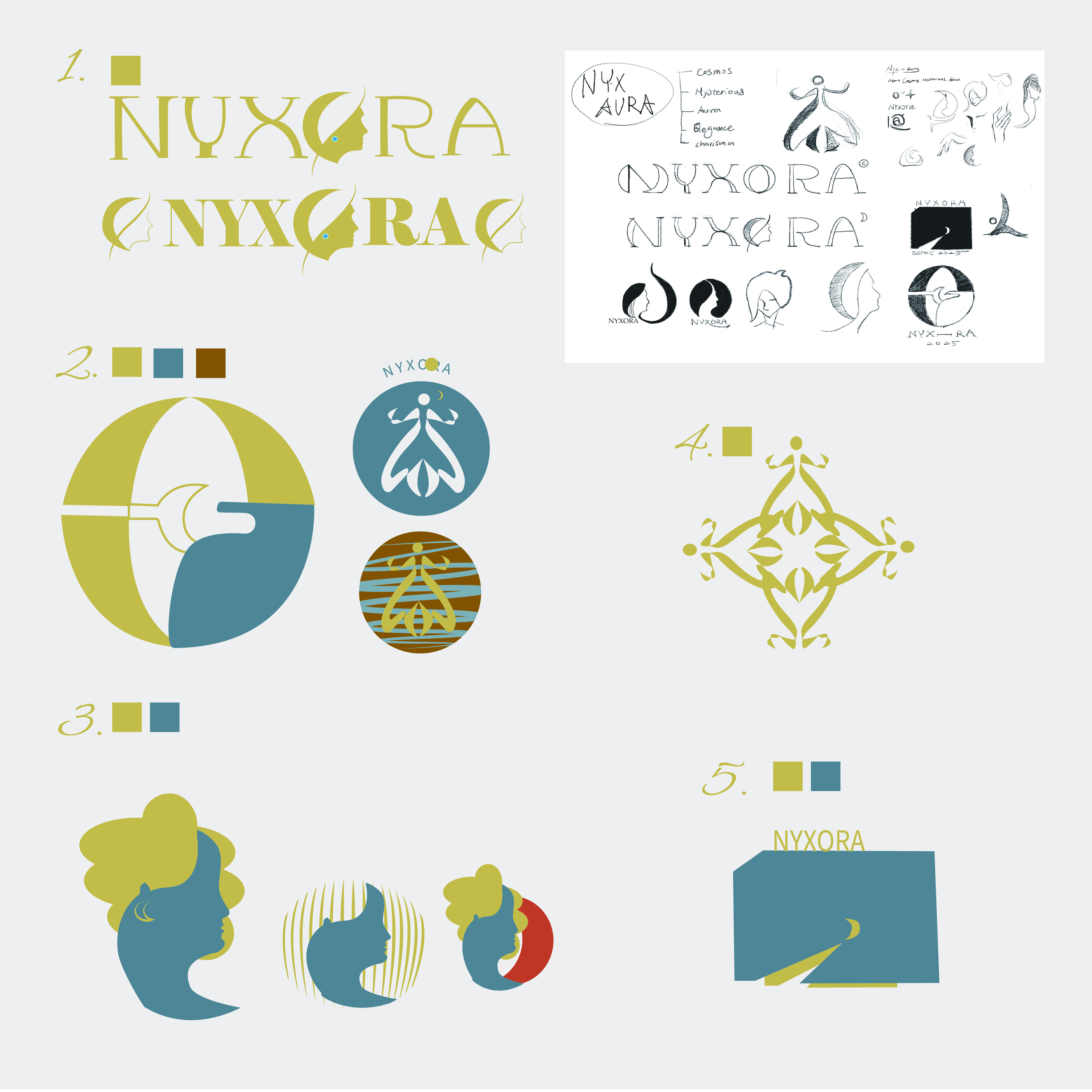 NYXORA brand concept — crescent moon and silhouette exploration