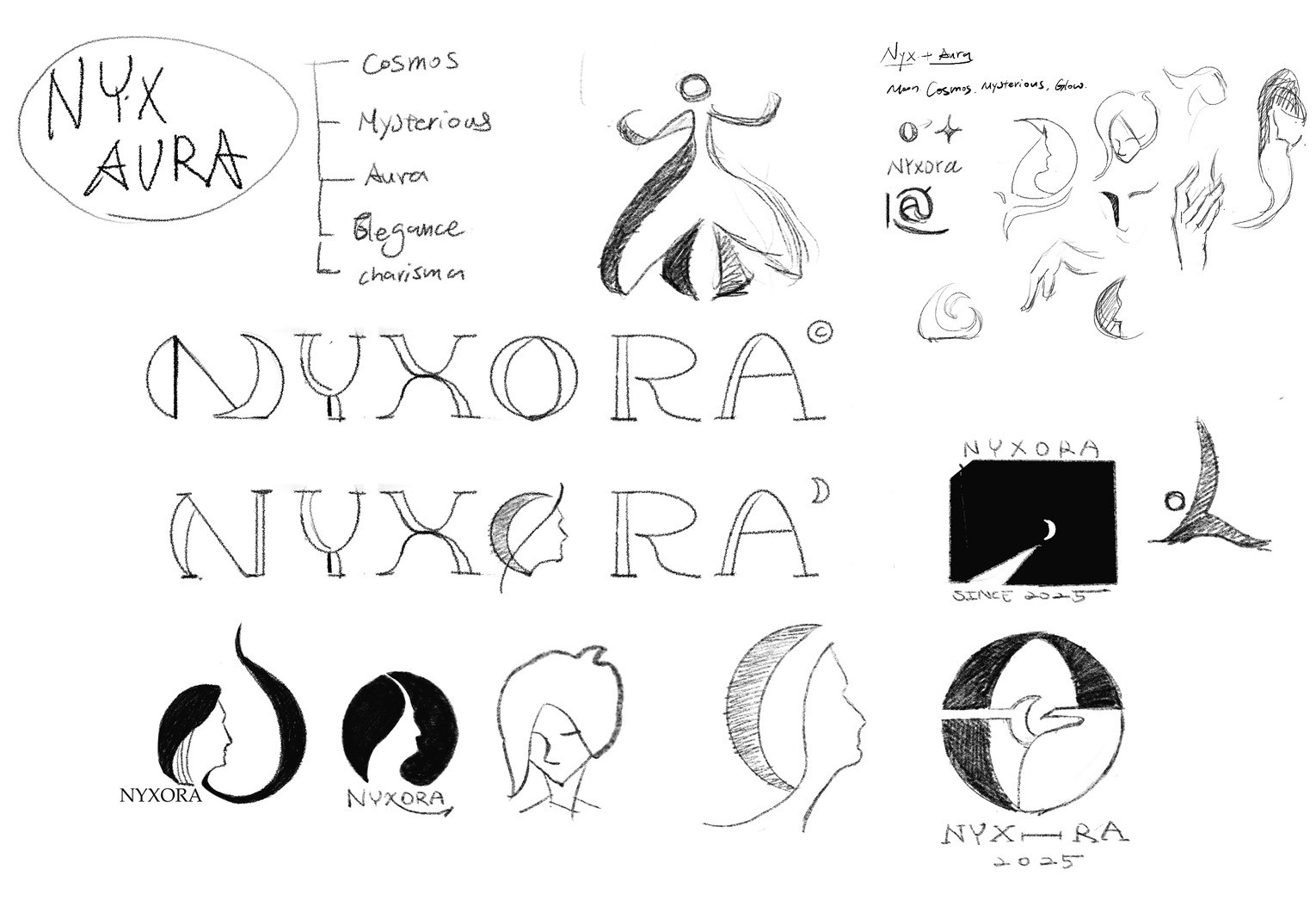 NYXORA logo design process — sketch to refined mark