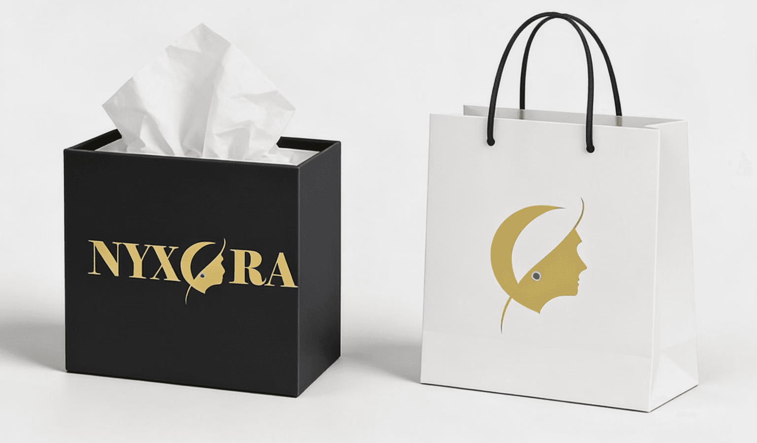 NYXORA final logo — gold crescent moon with flowing silhouette