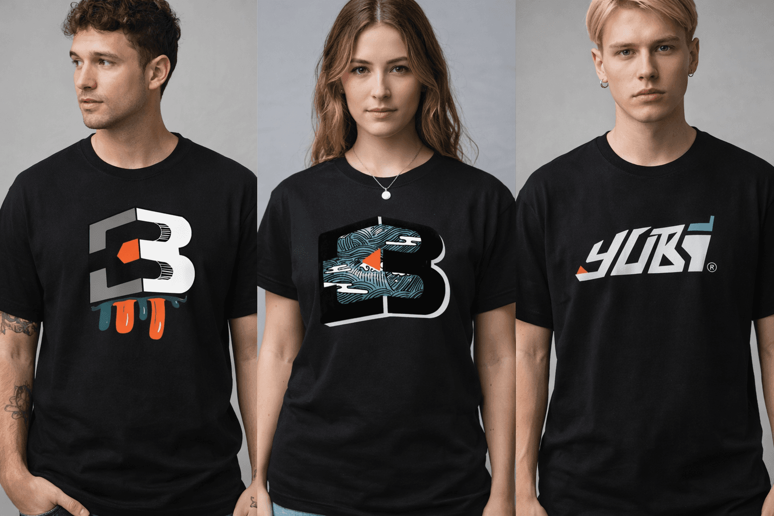 T-shirt collection — three models wearing YUBI graphic tees
