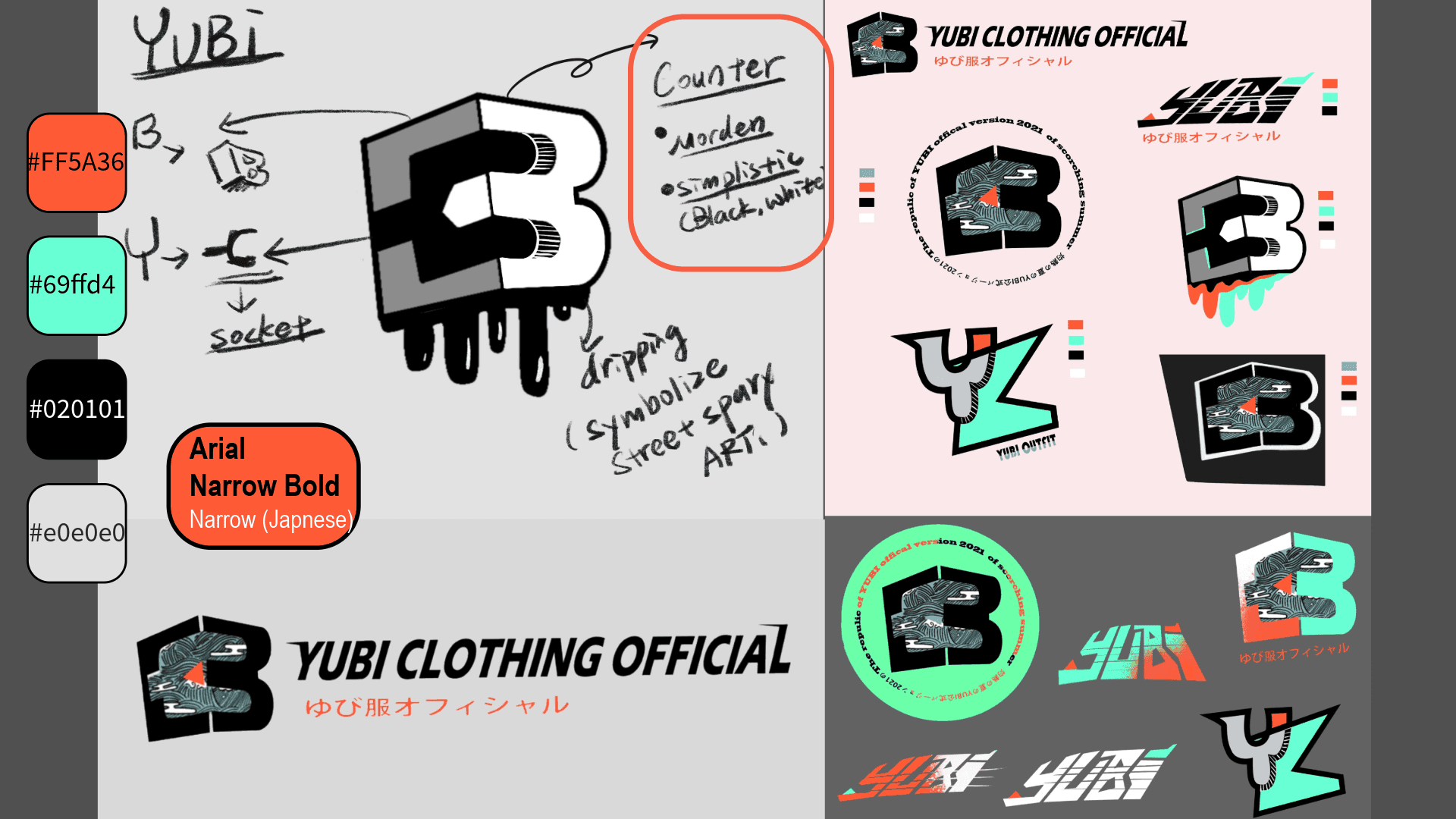 Logo concept sketches, color palette, typography system, and brand mark variations